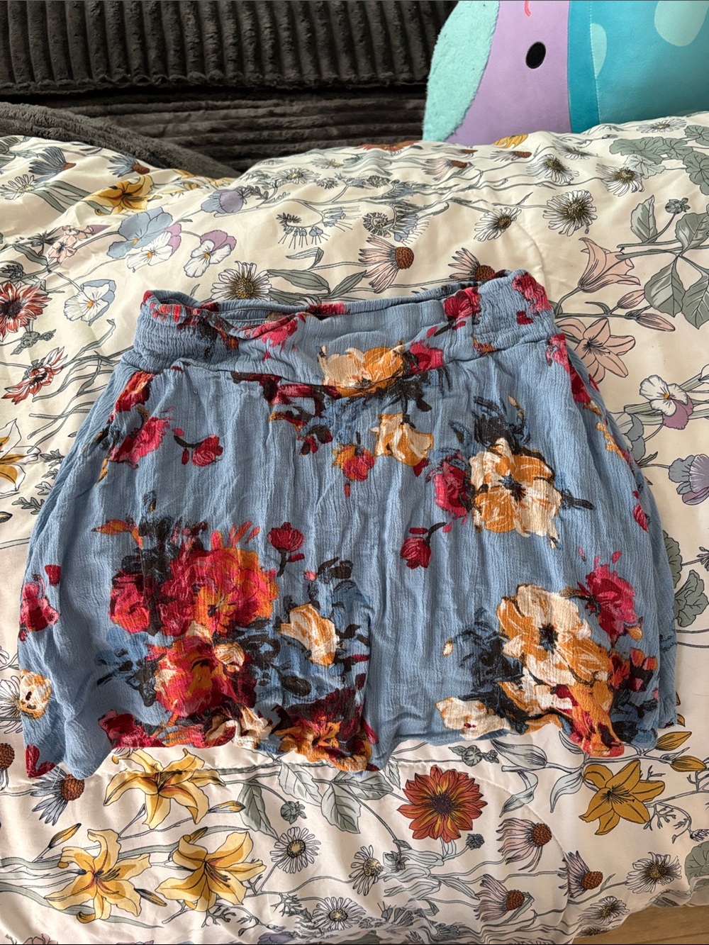 ILLA ILLA Light Blue Floral Mini Skirt with Red & Yellow Blooms
